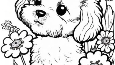 Küçük Sevimli Köpek Çiçekler Arasında Boyama Sayfası