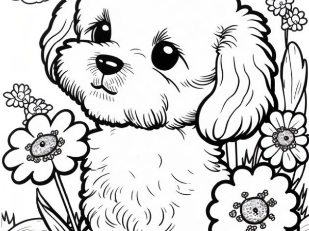 Küçük Sevimli Köpek Çiçekler Arasında Boyama Sayfası