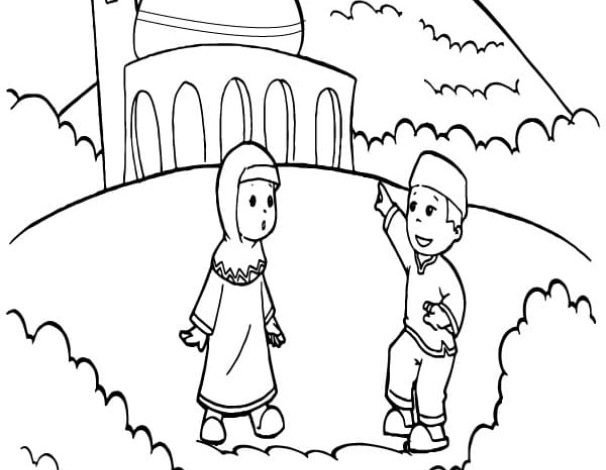 Çocuklar ve Camii Manzarası Boyama Sayfası - Dağ Manzaralı