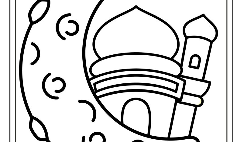 Ramazan Ayı için Boyama Sayfası Hilal ve Cami