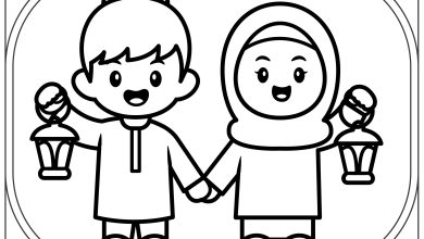 Ramazan Bayramı İçin Çocuklar ve Fenerler Boyama Sayfası