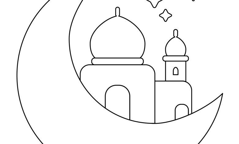 Hilal ve Camii Boyama Sayfası - Dini Temalı Çocuk Boyama Resmi