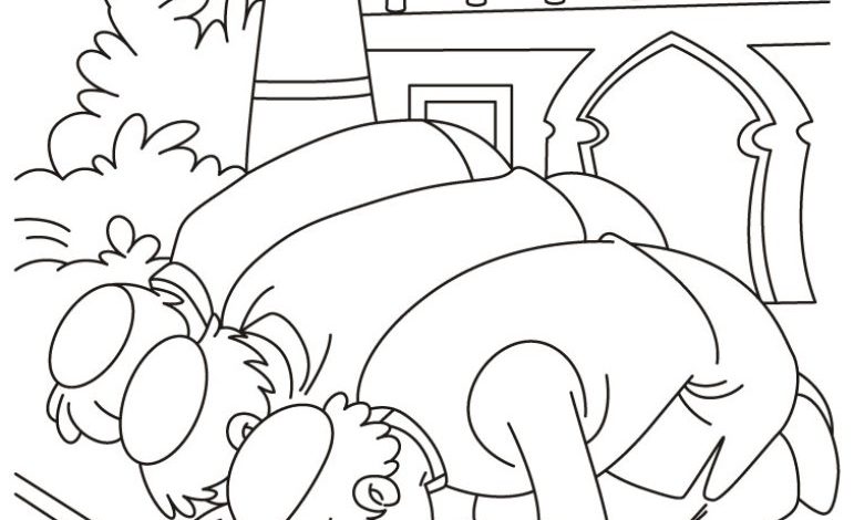 İbadet Eden İki Çocuğun Boyama Sayfası - Camii ve Minare Arka Planlı