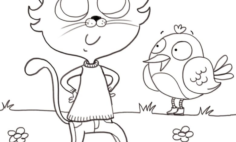 Kelebekli Kedi ve Kuş Boyama Sayfası Çocuklar İçin Eğlenceli Çizim