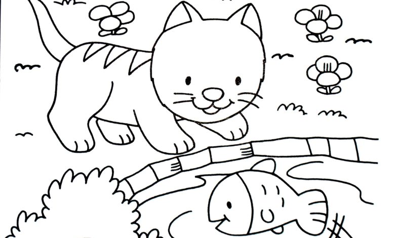 Kediler ve Balık ile Nehir Kenarında Eğlenceli Boyama Sayfası