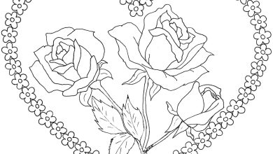 Kalp İçinde Güller ve Çiçeklerle Süslenmiş Boyama Sayfası