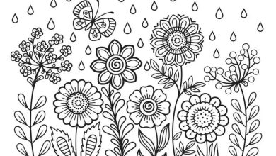 Çiçekler ve Kelebek Boyama Sayfası - Yağmur Altında Bahar Güzellikleri
