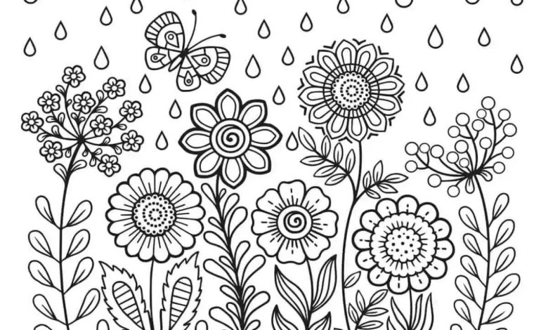 Çiçekler ve Kelebek Boyama Sayfası - Yağmur Altında Bahar Güzellikleri