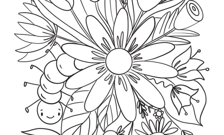 Çocuklar İçin Sevimli Böcek ve Çiçekler Boyama Sayfası