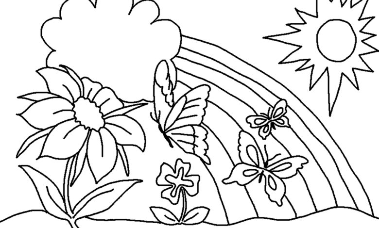 Çiçekler, Kelebekler ve Gökkuşağı Boyama Sayfası