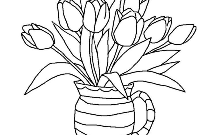 Çizgi Çizim Vazo İçinde Lale Çiçekleri Boyama Sayfası