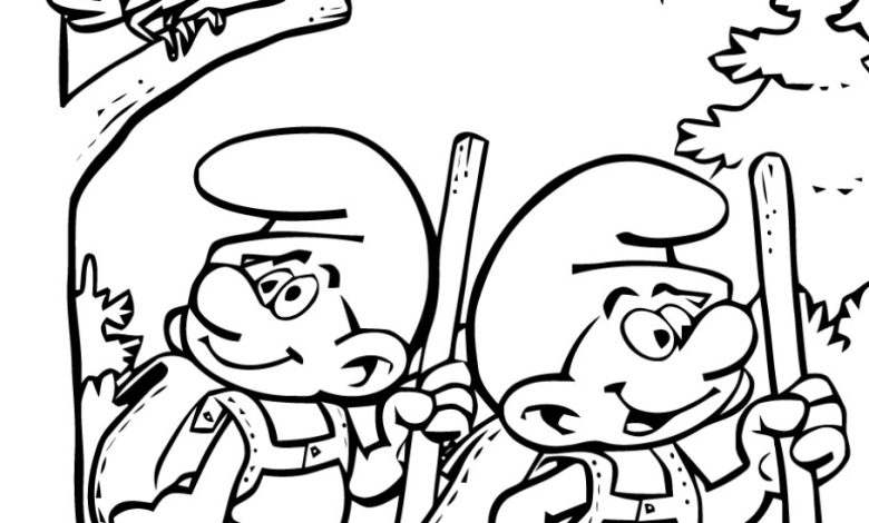 Boyama Sayfası Doğada Smurf'ler - Yürüyüşte Çizimi