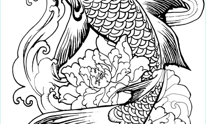 Ejderha ve Çiçeklerle Süslenmiş Japon Koi Balığı Boyama Sayfası