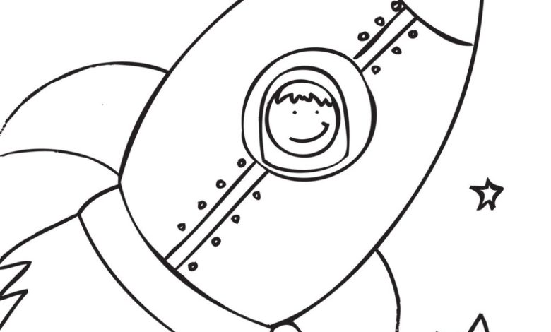 Çocuklar İçin Boyama Sayfası Uzay Roketi ile Astronot