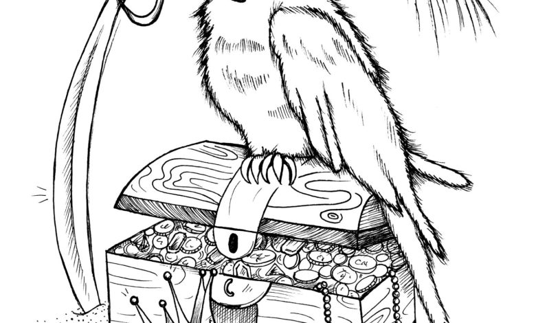 Korsan Papağan ve Hazine Sandığı Boyama Sayfası