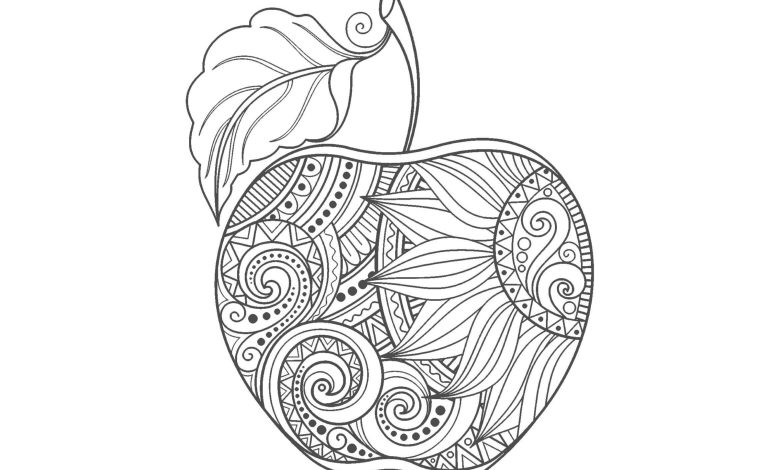 Mandala Elma Boyama Sayfası Detaylı Desenlerle Elma Çizimi