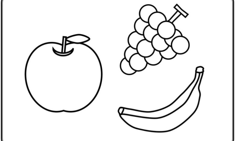 Üç Farklı Meyve Elma, Üzüm ve Muz Boyama Sayfası