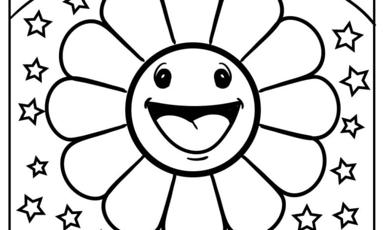 Çiçek ve Yıldız Boyama Sayfası Gülümseyen Çiçek ve Gökkuşağı