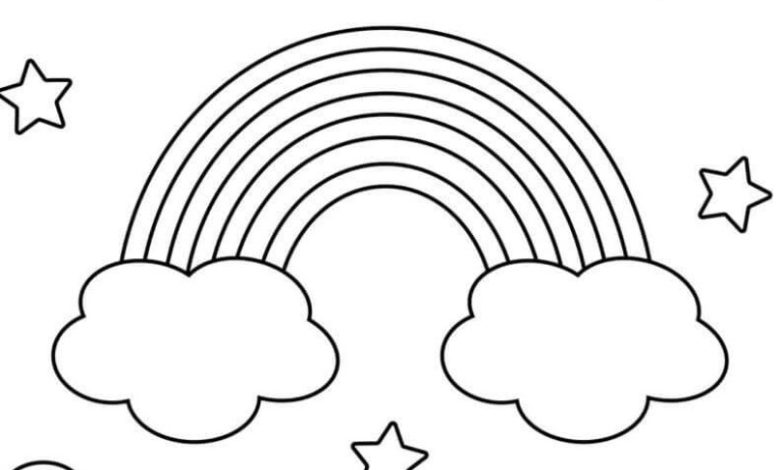 Gökkuşağı ve Bulutlar ile Yıldızlar Boyama Sayfası