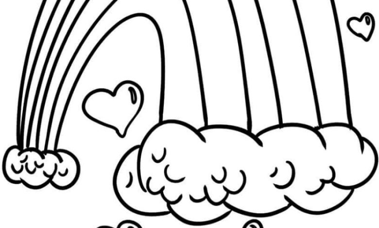 Çocuklar İçin Kalplerle Süslenmiş Gökkuşağı Boyama Sayfası