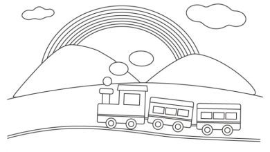 Tren ve Gökkuşağı ile Dağ Manzaralı Boyama Sayfası