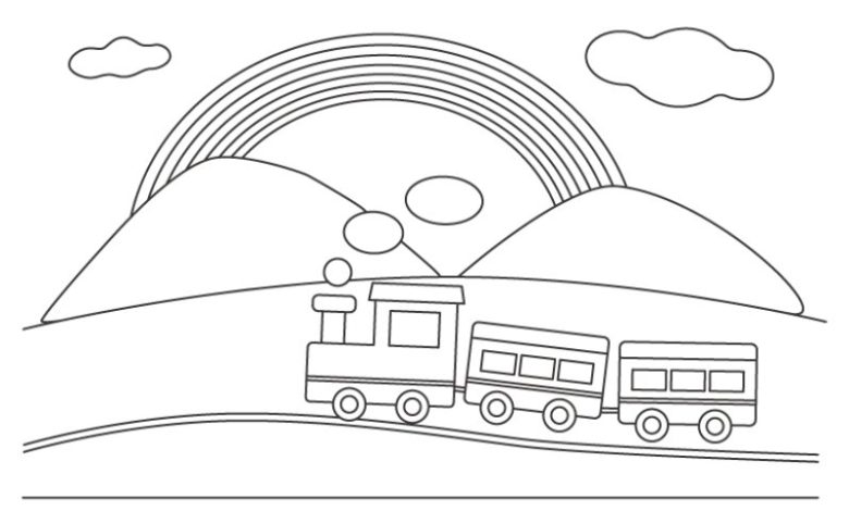 Tren ve Gökkuşağı ile Dağ Manzaralı Boyama Sayfası