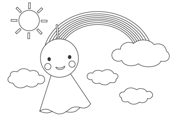Gülen Yüz ve Gökkuşağı ile Güneşli Bulutlar Boyama Sayfası