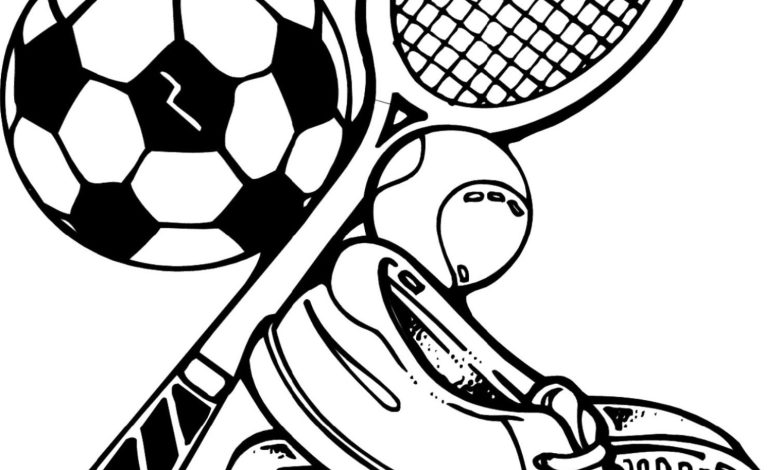 Spor Ekipmanları Boyama Sayfası Futbol Topu, Tenis Raketi, Tüytop ve Spor Ayakkabıları