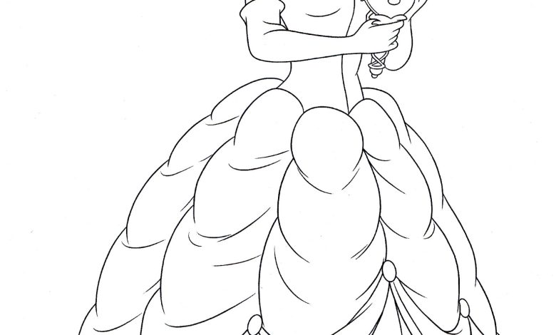 Prenses Boyama Sayfası El Aynası Tutan Şık Gelinlik Giyen Prenses