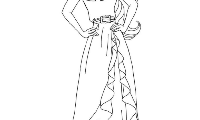 Güzel Prenses Boyama Sayfası - Uzun Elbise ve Saç Detaylarıyla