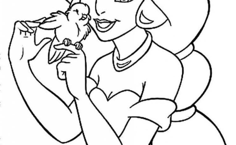 Prenses ve Kuş Detaylı Boyama Sayfası