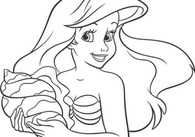 Ariel Deniz Kızı Boyama Sayfası Deniz Kabuğu ile Renkli Anlar