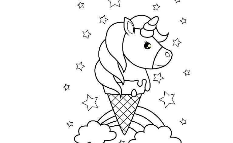 Üstünde Yıldızlar ve Gökyüzü Süslemeleriyle Tek Boynuzlu At Dondurma Boyama Sayfası
