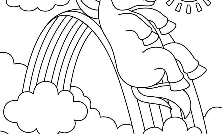 Gökkuşağı Üzerinde Mutlu Tek Boynuzlu At Boyama Sayfası