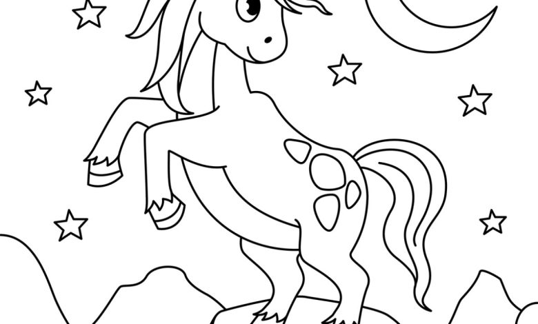 Eğlenceli Unicorn Boyama Sayfası - Çocuklar İçin Gece Temalı Boyama Sayfası