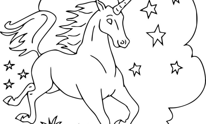 Büyülü Tek Boynuzlu At Yıldızların Altında Boyama Sayfası