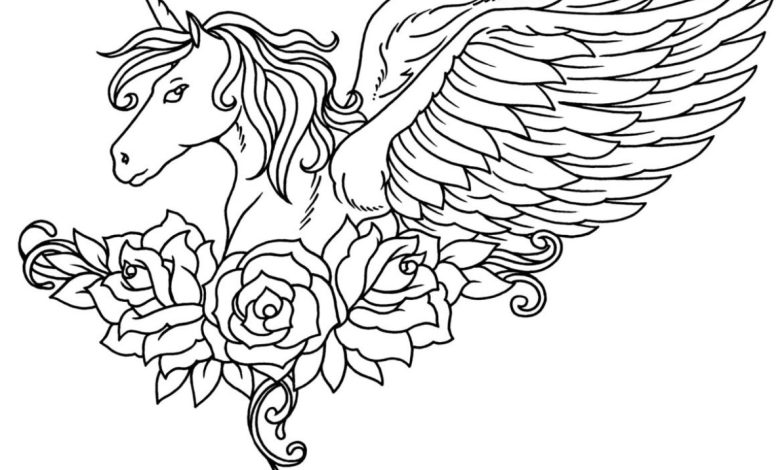 Renkli Kelebek Kanatlı Unicorn Boyama Sayfası - Çiçeklerle Süslenmiş