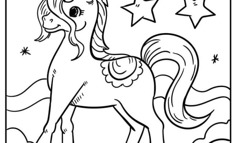 Boyama Sayfası Yıldızlarla Süslü Şirin Tek Boynuzlu At