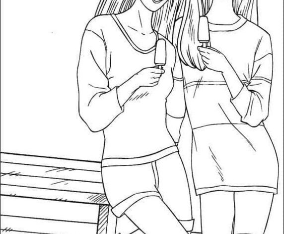 İki Kız Dondurma Yerken Boyama Sayfası