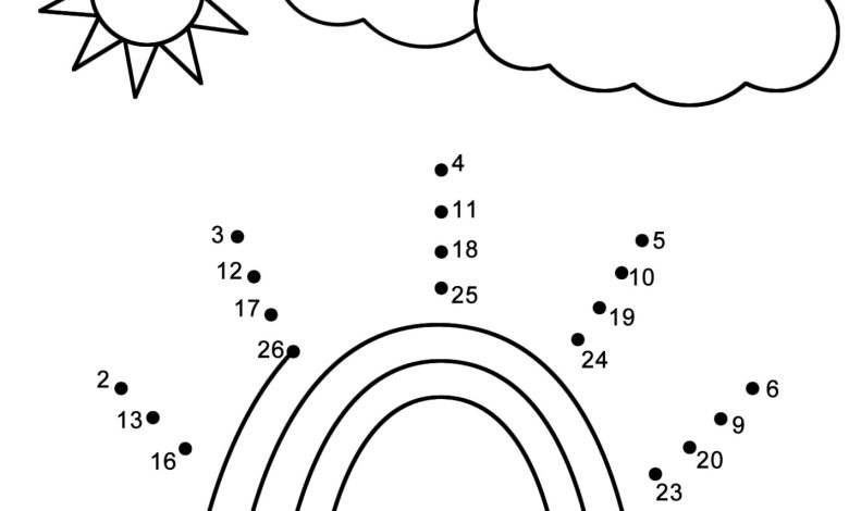 Renkli Gökkuşağı Boyama Sayfası Çocuklar İçin Eğlenceli Nokta Birleştirme Bulmacası