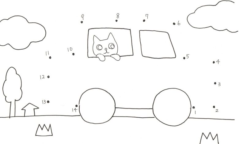 Çocuklar İçin Nokta Birleştirme Boyama Sayfası Araba ve Kedi