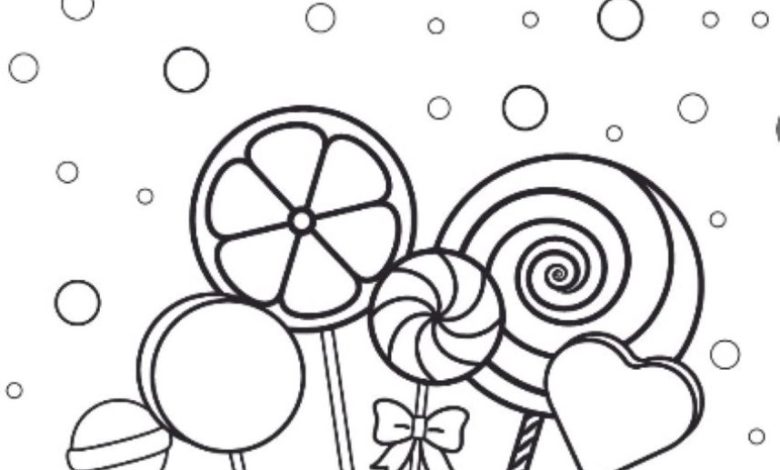 Karpuz, şeker ve spiral lolipop resimli boyama sayfası