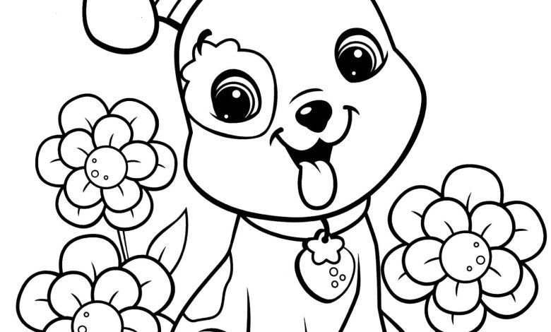 Çiçekler Arasında Sevimli Köpek Boyama Sayfası