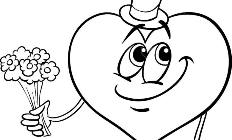 Sevimli Şapkalı Kalp ile Çiçek Demeti Boyama Sayfası