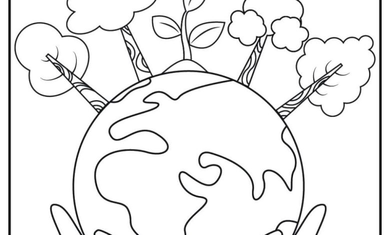 Doğa, Ağaçlar ve Eller ile Dünya Boyama Sayfası