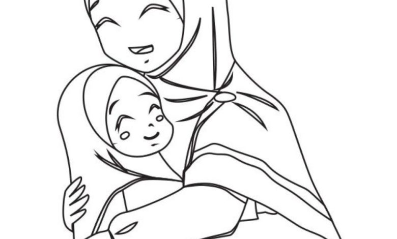 Hijablı Anne ve Çocuğu Sarılma Boyama Sayfası