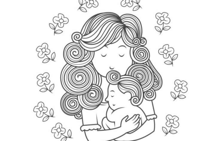 Anne ve Bebek Çiçeklerle Boyama Sayfası