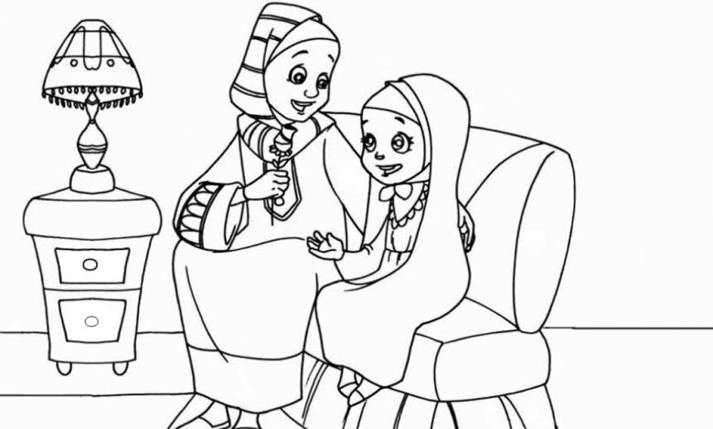 Anne ve Kızının Oturma Odasında İhtiyaca Özel Bir An Yaşadığı Boyama Sayfası