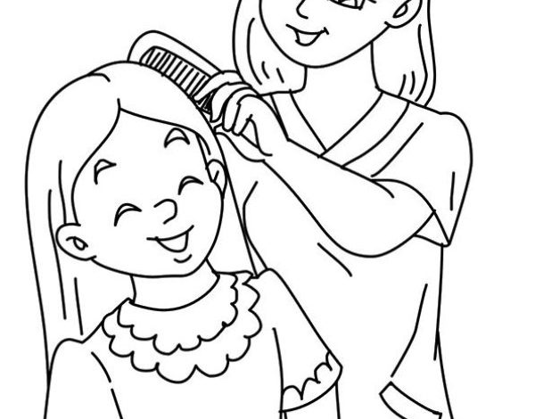 Anne ve Kızın Saç Tarama Aktivitesi Boyama Sayfası