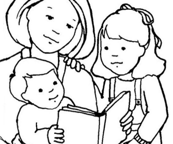 Ebeveyn ve Çocukların Birlikte Kitap Okuma Anı Boyama Sayfası